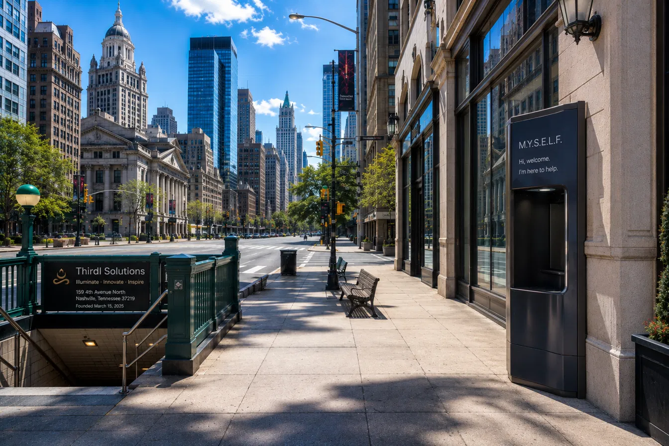 M.Y.S.E.L.F. City street entrance with a ThirdI Solutions, LLC station sign and M.Y.S.E.L.F. kiosk.