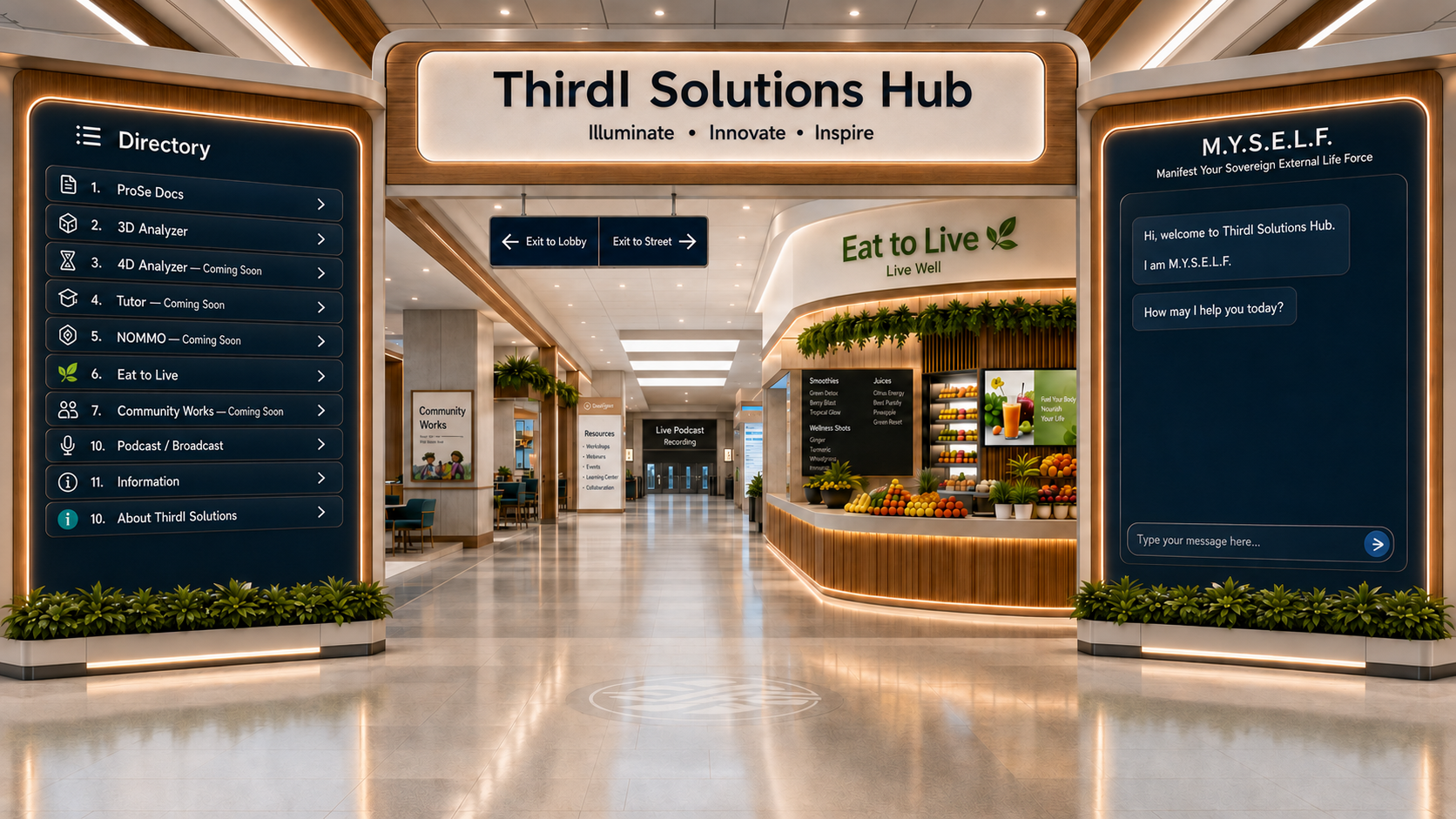 ThirdI Solutions, LLC Hub with product directory, M.Y.S.E.L.F. panel, Eat to Live counter, and exit controls.