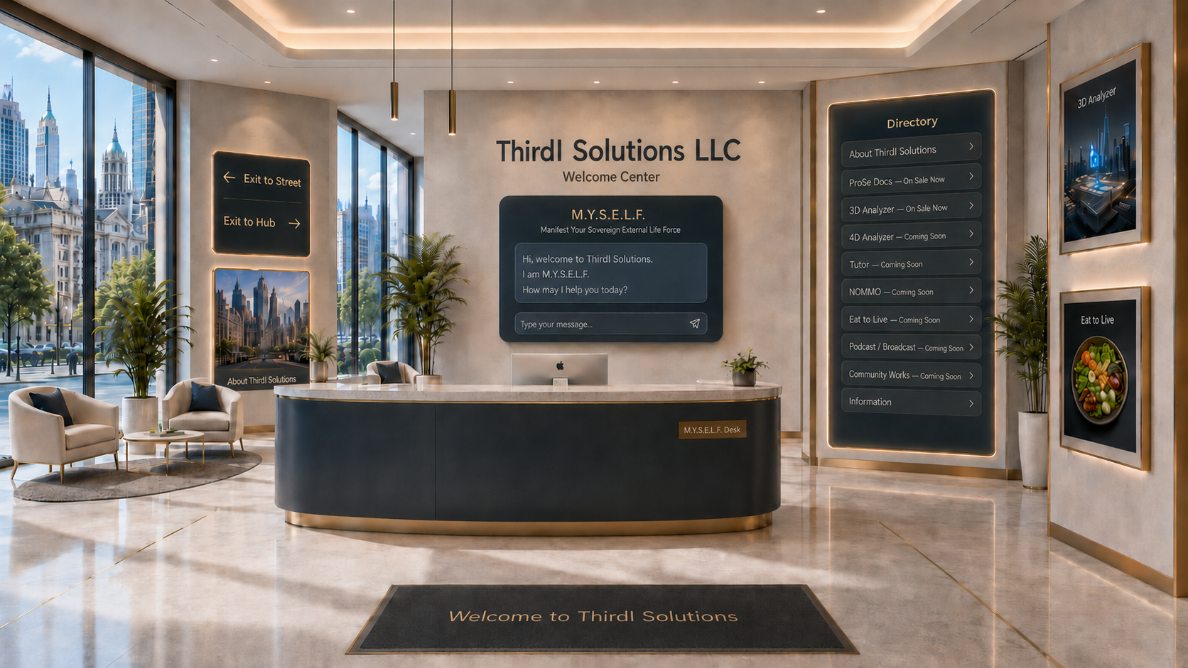 ThirdI Solutions, LLC Lobby welcome center with exit signs, M.Y.S.E.L.F. front desk panel, and product directory.